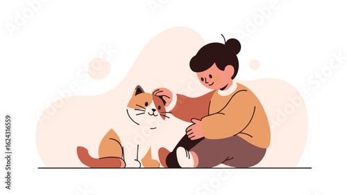 A gentle child sitting on the floor and petting a cute calico cat. Vector illustration.