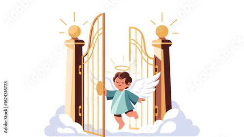 Cartoon vector of an angel child opening the golden entrance gates to a heavenly paradise.