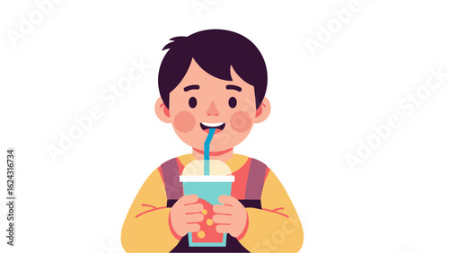 Happy cartoon boy with rosy cheeks drinking a refreshing beverage from a cup with a straw