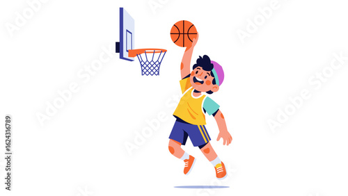 Athletic boy in sportswear jumping to make a slam dunk during a basketball practice