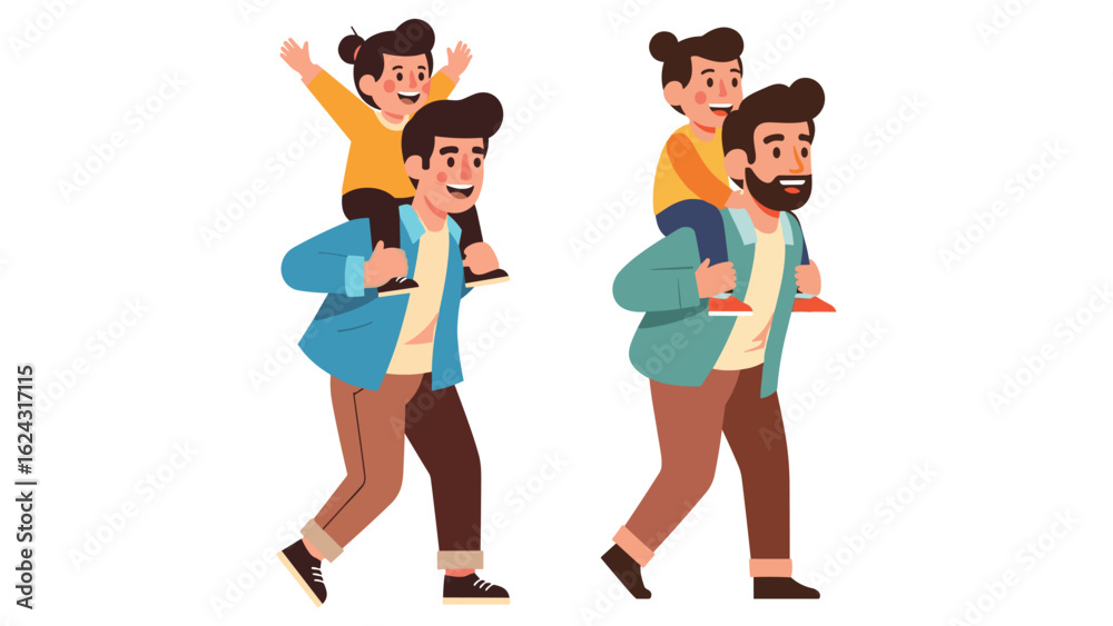 Happy father carrying a joyful child on his shoulders, family character vector illustration Happy father carrying a joyful child on his shoulders, family character vector illustration