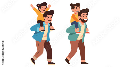 Happy father carrying a joyful child on his shoulders, family character vector illustration