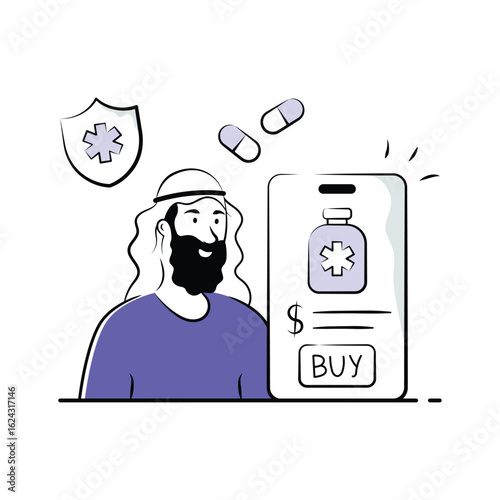 Creatively designed illustration of man purchasing medication online via mobile app