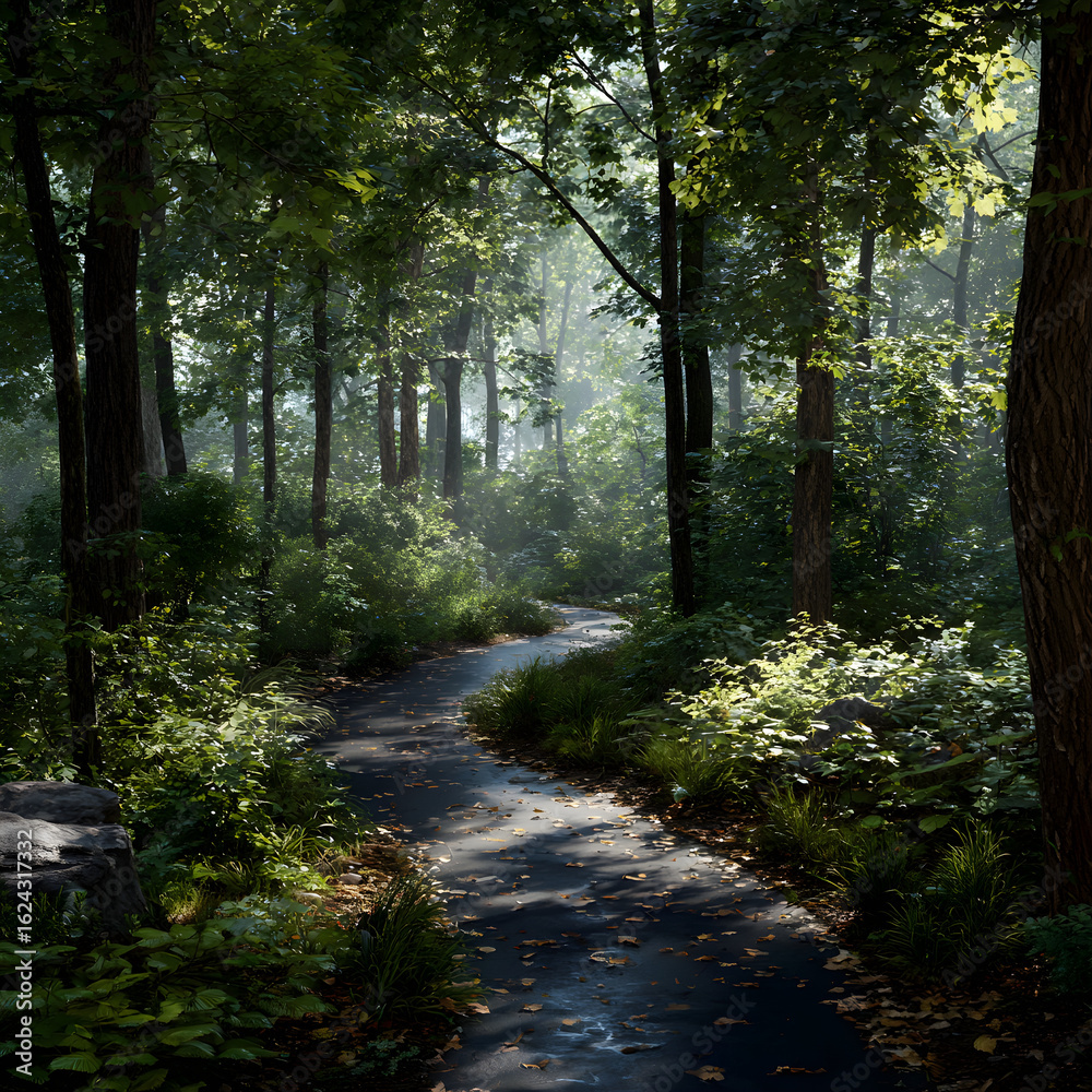 Fototapeta premium Tranquil Adventure: Cycle Through Nature's Lush Canopy on a Serene Woodland Trail