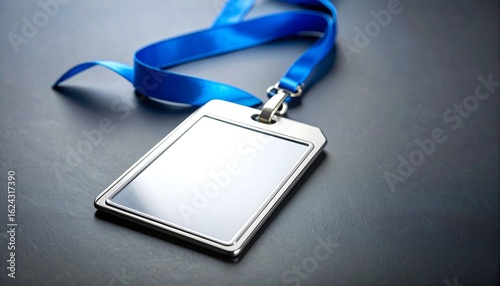 Blank ID badge with blue ribbon