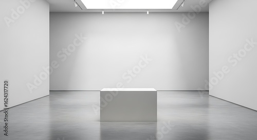 Empty gallery room with white cube pedestal