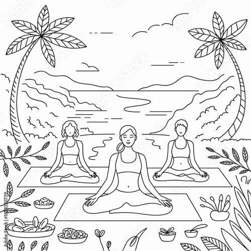 Line Art of a Peaceful Vegan Yoga Retreat Scene