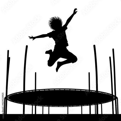Black and White Vector Silhouette of Boy Bouncing on Trampoline