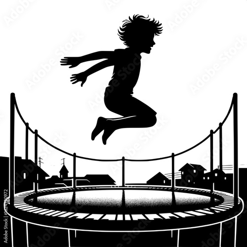 Black and White Vector Silhouette of Boy Bouncing on Trampoline