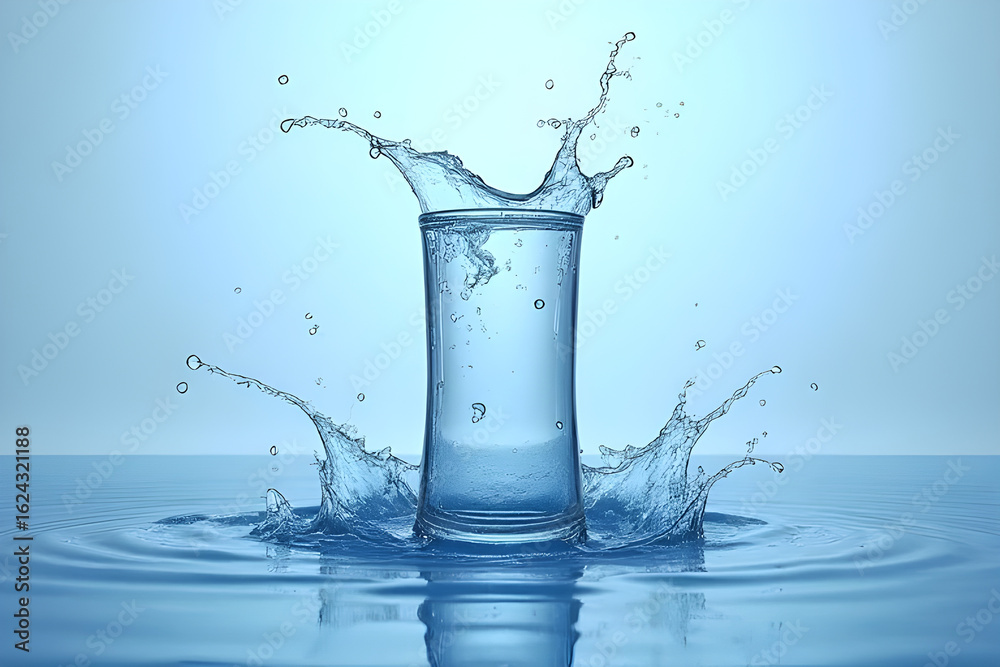 Glass of water splashing on blue background Glass of water splashing on blue background