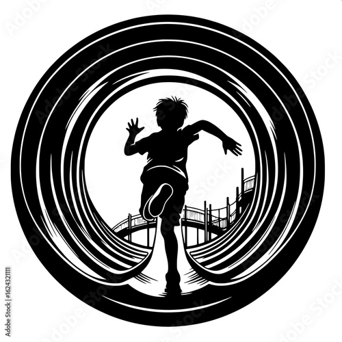 Black and White Vector Silhouette of Boy Running Through Tunnel Slide