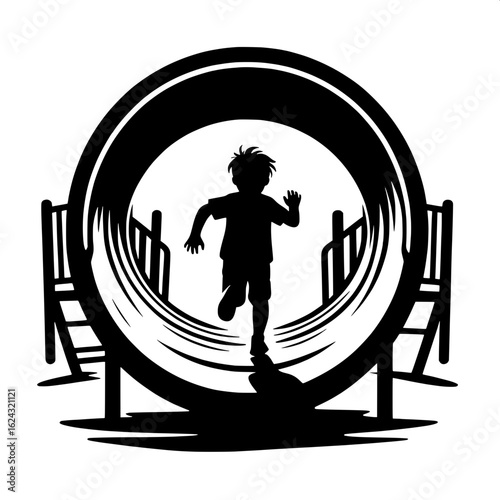 Black and White Vector Silhouette of Boy Running Through Tunnel Slide