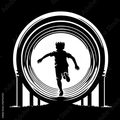 Black and White Vector Silhouette of Boy Running Through Tunnel Slide