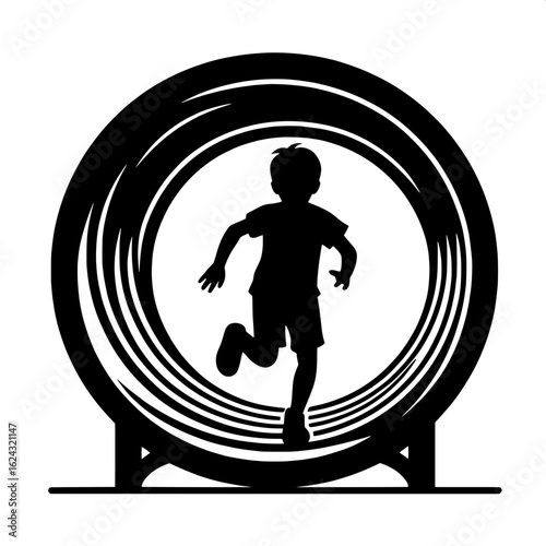 Black and White Vector Silhouette of Boy Running Through Tunnel Slide