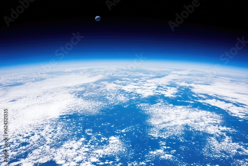 Earth seen from space, with a moon visible.  Vast expanse of blue oceans and white clouds