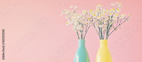Floral Harmony: Pastel Vases with Delicate Daisies Against Soft Pink Background