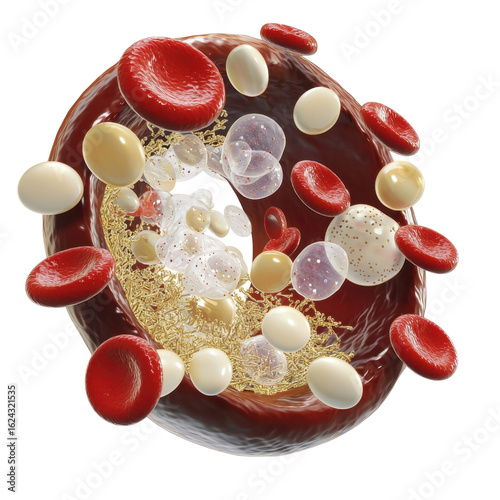Intricate Visualization of Human Blood Cells in Motion Within a Blood Vessel Highlighting Biological Elements and Cellular Structures in High Detailtransparent background