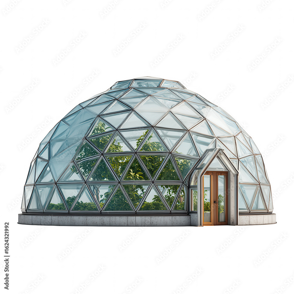 Fototapeta premium Glass dome greenhouse with triangular panels and wooden door, filled with green plants inside, modern eco friendly structure for growing vegetation