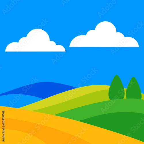 Vibrant stylized landscape with rolling hills and clouds