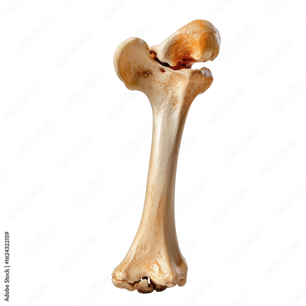 Fototapeta premium Realistic human femur bone isolated on white background for educational, medical, and anatomical studies showcasing skeletal structure and human anatomy details.transparent background