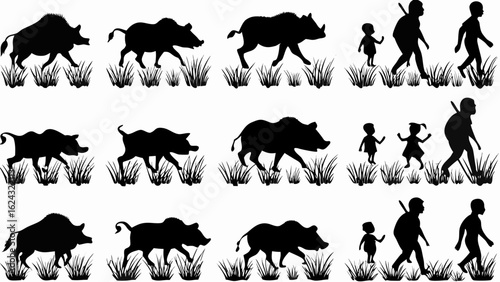 Silhouettes of boars and people walking in grass in a repeating pattern on a white background image art