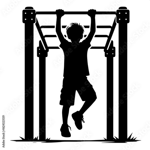 Black and White Vector Silhouette of Boy Climbing Monkey Bars