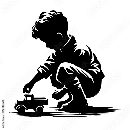 Black and White Vector Silhouette of Boy Playing with Toy Truck