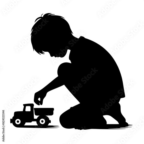 Black and White Vector Silhouette of Boy Playing with Toy Truck