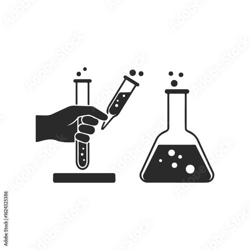 Silhouette of hand with test tube and beaker for chemistry experiment