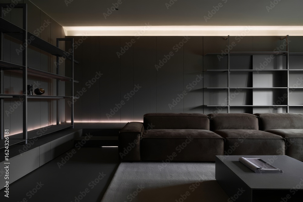 Fototapeta premium Modern Dark Living Room Design with Ambient Lighting and Plush Seating