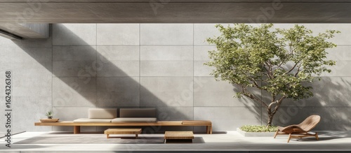 Serene minimalist outdoor patio featuring a tree and wooden furniture set