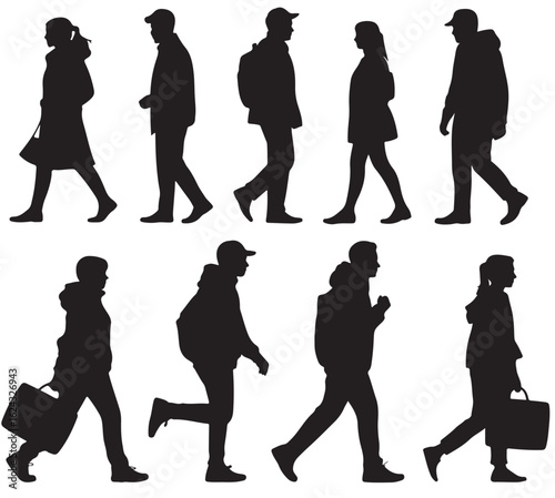 Silhouettes of people walking in various poses with bags and backpacks in a side view arrangement