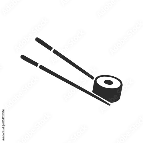 Black and white icon of sushi roll with chopsticks