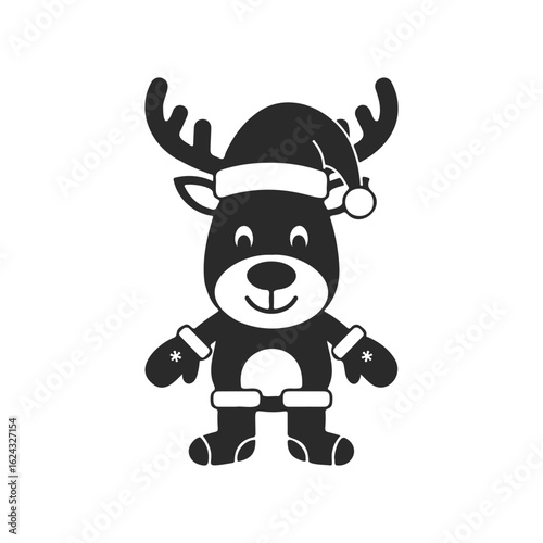 Cartoon reindeer with santa hat and mittens