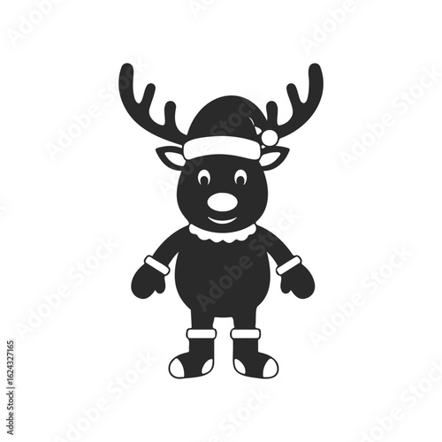 Christmas reindeer silhouette with santa hat and antlers on white background