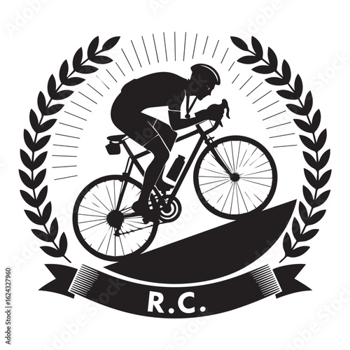 Silhouette of a cyclist ascending a hill within a laurel wreath emblem