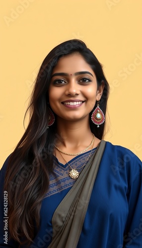 Portrait of beautiful indian woman wearing traditional saree and jewelry smiling at camera view
