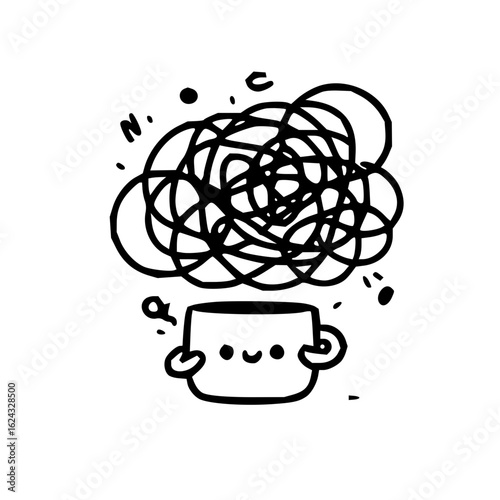 A cute mug with a smiling face holding a cloud of scribbles and scattered letters above it in black and white