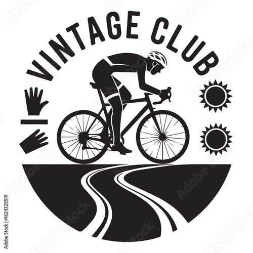 Retro cyclist emblem featuring a vintage club logo with road and sun elements