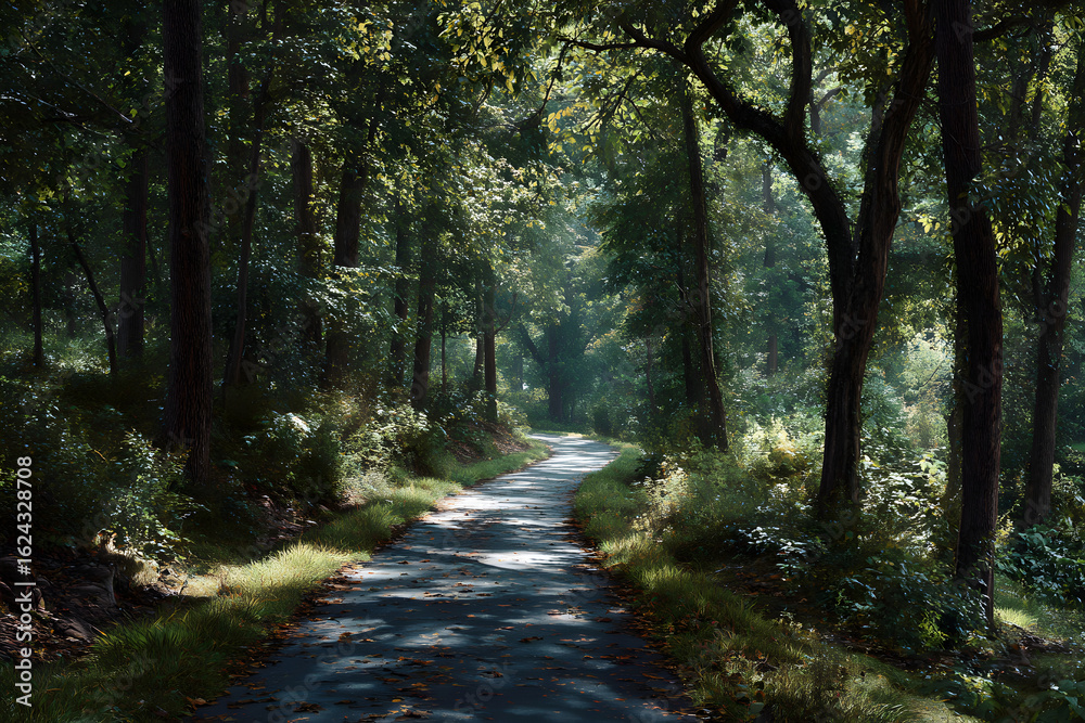 Naklejka premium Tranquil Adventure: Cycle Through Nature's Lush Canopy on a Serene Woodland Trail