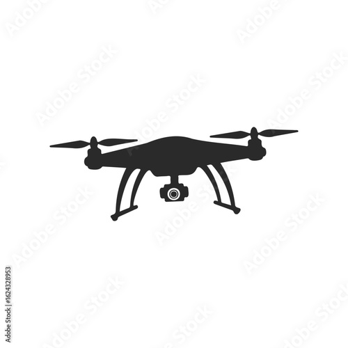 Silhouette of quadcopter drone with camera on white background