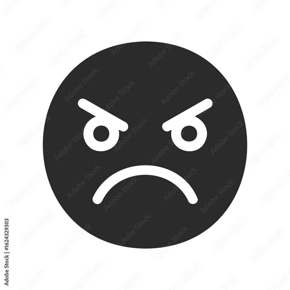 Angry emoticon face with frown and furious eyes on black background Angry emoticon face with frown and furious eyes on black background