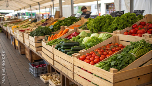 Farmers’ market stall with neatly arranged vegetables in wooden crates.