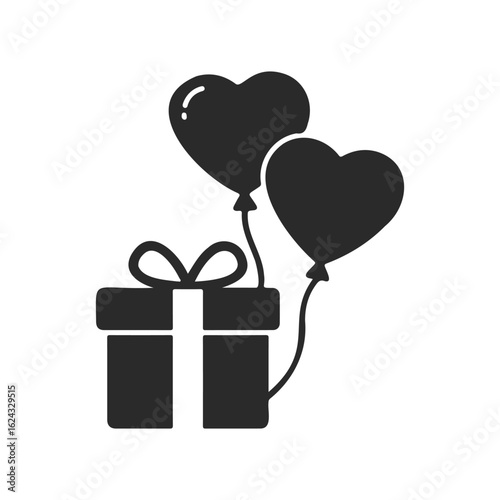 Heart balloons and gift box silhouette on white background