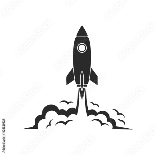 Silhouette of a rocket launch with smoke and clouds symbolizing space exploration
