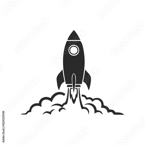 Rocket launch icon with smoke trail in black silhouette style