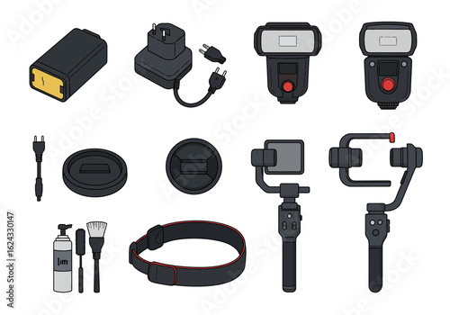 Camera Accessories Kit: Lenses Flash Gimbal and Cleaning Supplies.
