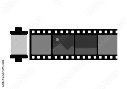 Classic Film Reel with Grayscale Images and Empty Film Cartridge.