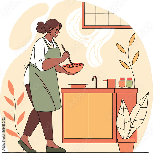 A plus-size woman cooking and stirring soup in the kitchen