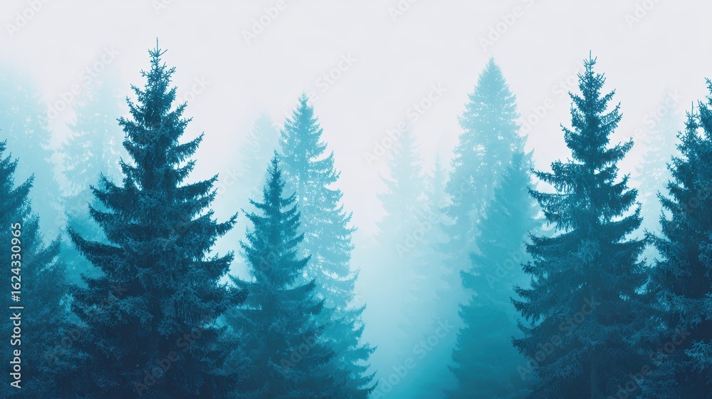 Fototapeta premium Misty Forest Trees: Nature Background, Pine Landscape View